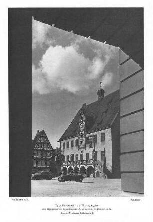 Musterblatt "Typotiefdruck auf Naturpapier der Graphischen Kunstanstalt A. Landerer, Heilbronn a. N." (mit Rathausansicht)