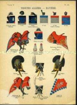 Uniformdarstellung, Detailstudien von Kopfbedeckungen, Schabracken und Abzeichen der Alliierten Bayerischen Regimenter, Erstes Kaiserreich Frankreich, 1806/1813.