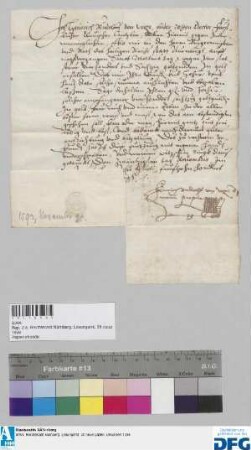 Dr. iur. utr. Heinrich Rudolff von Weze, fürstlich Clevischer Kanzler, stellt der Stadt Nürnberg Quittung aus über 400 fl. Stadtsteuer.