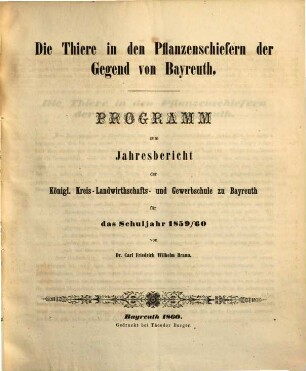 Jahresbericht von der Königlichen Kreis-Landwirthschafts- und Gewerbsschule zu Bayreuth für das Schuljahr .... 1859/60 (1860)