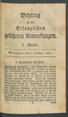 I. Woche (3. Januar 1767)-LII. Woche (26. December 1767): Beytrag zu den Erlangischen gelehrten Anmerkungen