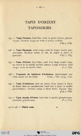 Tapis d'orient - Tapisseries (Nr. 135-146)
