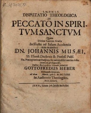 Disputatio Theologica De Peccato In Spiritum Sanctum