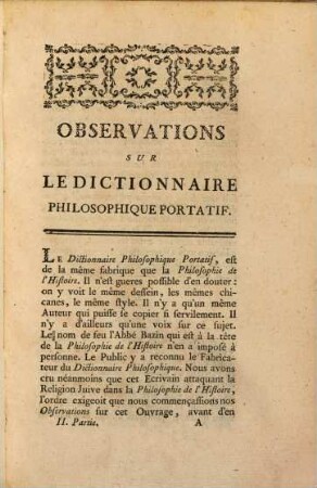 Observations Sur La Philosophie De L'Histoire Et Le Dictionnaire Philosophique : Avec Des Résponses A Plusieurs Difficultés. 2