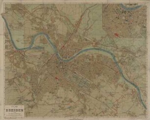 Stadtplan von Dresden, 1:15 000, Lithographie, ca. 1913 : Plan von Dresden : mit verbreiterten Straßenzügen ; nach vermessungsamtlichen Unterlagen bearbeitet / von C. C. Meinhold & Söhne. - 1:15 000. - Dresden : Meinhold , [ca. 1913]. - 1 Kt. : mehrfarb. ; 86 x 69 cm, gefaltet