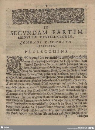 In Secundam Partem Medullae Destillatoriae, Conradi Khunrath Lipsensis, Prolegomena.