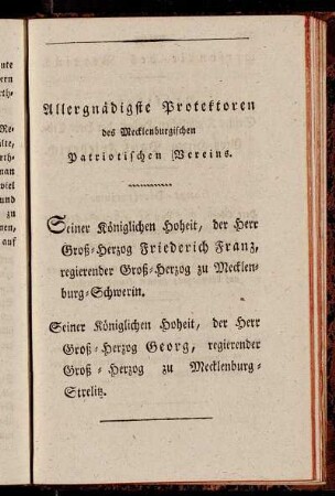 Allergnädigste Protekoren des Mecklenburischen Patiotischen Vereins