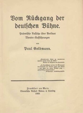 Vom Rückgang der deutschen Bühne : polemische Aufsätze über Berliner Theater-Aufführungen