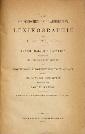 Zur griechischen und Lateinischen Lexikographie aus jüdischen Quellen