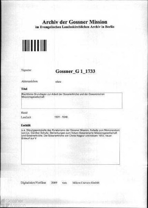 Rechtliche Grundlagen zur Arbeit der Gossnerkirche und der Gossnerschen Missionsgesellschaft