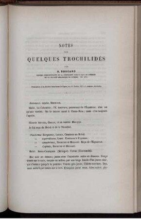 Notes Sur Quelques Trochilides