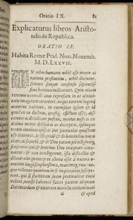 Explicaturus libros Aristotelis de Republica. Oratio IX.