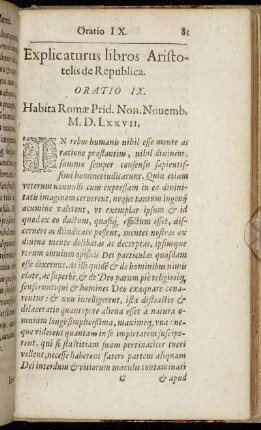 Explicaturus libros Aristotelis de Republica. Oratio IX.