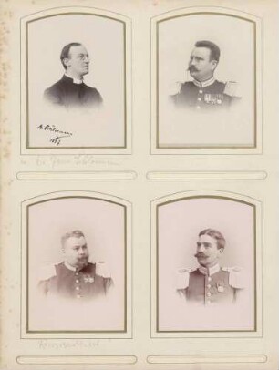 links oben: Divisionspfarrer A. Schloemann rechts oben: Unbekannt (Uniformierter) links unten: "Kriegsgerichtsrat ?" (Uniformierter) rechts unten: Unbekannt (Uniformierter)