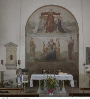 Der heilige Antonius Abbas zwischen den Heiligen Laurentius und Antonius von Padua, darüber: Schutzmantelmadonna