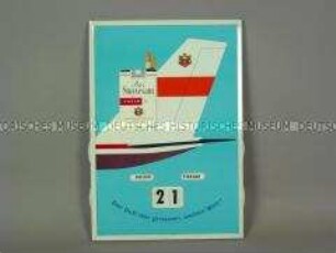 Dauerkalender mit Werbeaufdruck für "Peter Stuyvesant"-Zigaretten (Motiv: Flugzeugheck)