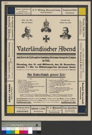 Ankündigung zu einem "Vaterländischen Abend" mit Konzert in Braunschweig am 18. und 19. Dezember 1917 zur Sammlung von Spenden für die braunschweigischen Soldaten im 1. Weltkrieg