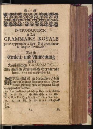 Introduction à la Grammaire Royale pour apprendre, à lire, & à prononcer la langue Françoise
