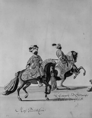 Ausschnitt: M. Podstolli und Stallmeister Vitzthum von Eckstädt : Polen, Warschau, Kopfrennen, Pferd, Sattel- und Zaumzeug, Gouache
