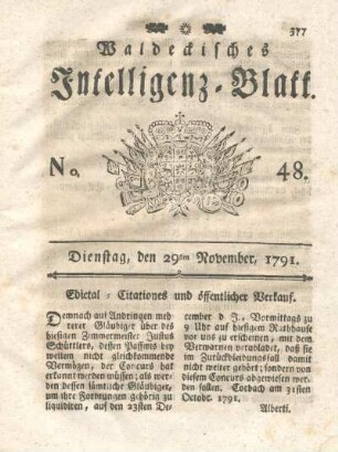 No. 48, Dienstag, den 29ten November, 1791