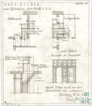 Fischer, Theodor; München; Haus Milker - Grundriss Keller, Grundriss EG; Nische im Speisezimmer (Schnitt); Anrichte (Ansicht)