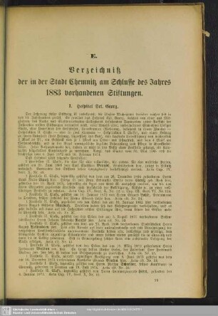 E. Verzeichniß der in der Stadt Chemnitz am Schlusse des Jahres 1883 vorhandenen Stiftungen