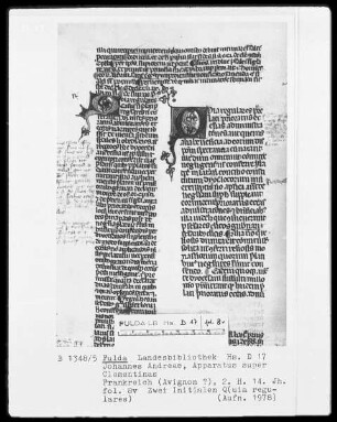Johannes Andreae, Apparatus super Clementinas — Zwei Initialen Q(uia regulares), Folio 8verso
