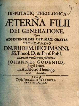 Disp. theol. de aeterna filii dei generatione