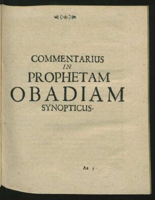Commentarius In Prophetam Obadiam Synopticus.