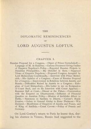 The diplomatic reminiscences of Lord Augustus Loftus, P.C., G.C.B. : 1837-1862. With portrait, 2