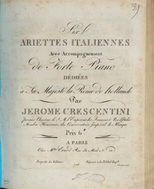 Six ARIETTES ITALIENNES Avec Accompagnement de Forte Piano