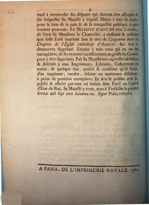 Arrest Du Conseil d'État Du Roi, Qui supprime un Écrit qui a pour titre, Cinquième lettre du Chapitre de l'Église Cathédrale d'Auxerre, &c., Du 1. Février 1761 : Extrait des Registres du Conseil d'État