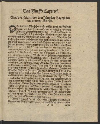 Das Fünffte Capittel. Was vor Zeichen vor dem Jüngsten Tage sollen hergehen unnd geschehen