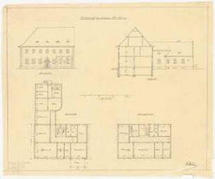 Stadthaus: Ansicht, Grundriss EG, OG, Schnitt 1:150