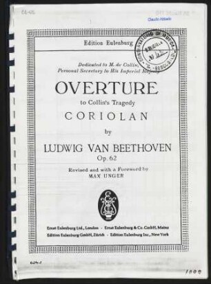 Overture to Collin's tragedy Coriolan : Op. 62