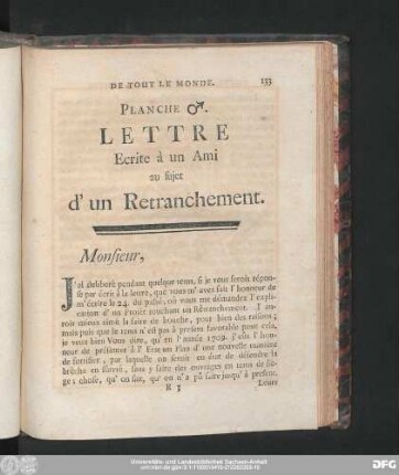 Planche ♂. Lettre Ecrite à un Ami au sujet d'un Retranchement.