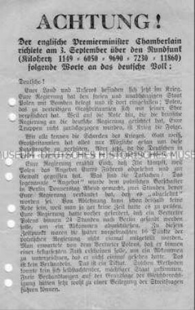 Britisches Abwurf-Flugblatt mit dem Wortlaut einer Rundfunkrede von Premierminister Chamberlain am 3. September 1939
