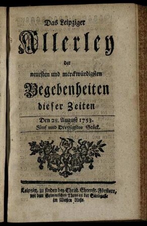 Den 28. August 1753. Fünf und Dreysigstes Stück.