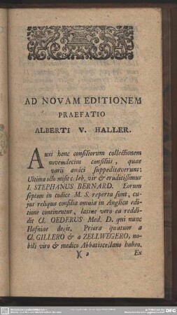 Ad Novam Editionem Praefatio Alberti V. Haller