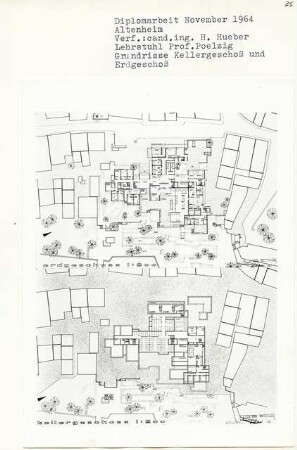 Altenheim (Diplomarbeit bei Peter Poelzig): Grundrisse Kellergeschoss und Erdgeschoss 1:200