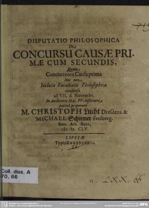 Disputatio Philosophica De Concursu Causae Primae Cum Secundis