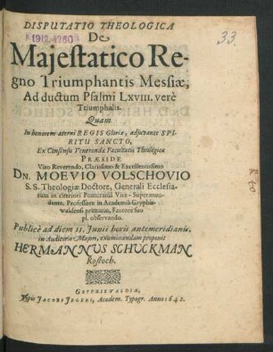 Disputatio Theologica De Maiestatico Regno Triumphantis Messiae, Ad ductum Psalmi LXVIII. vere Triumphalis