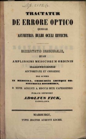 Tractatur de errore optico quodam asymetria bulbi oculi effecto : Dissertatio Inauguralis