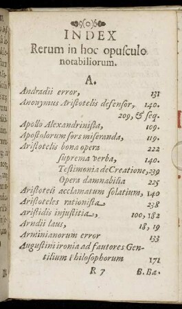 Index Rerum in hoc opusculo notabiliorum.