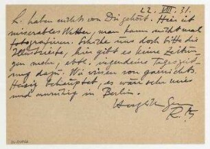 Postkarte von Raoul Hausmann an Elfriede Hausmann. [Jershöft]