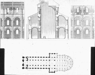Caen, Église St. Étienne, Aufriss, Querschnitt, Grundriss