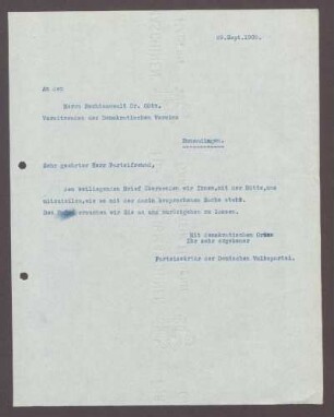 Schreiben des Parteisekretärs der DVP an Dr. Götz, Rechtswanwalt und Vorsitzender des Demokrat. Vereins, Emmendingen: Bitte um die Klärung einer spezifischen Angelegenheit, 1 Schreiben (Durchschlag)