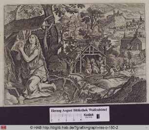 Die Heilige Maria Magdalena büßend in einer Hütte, im Hintergrund musizierende Engel und eine Weltlandschaft.