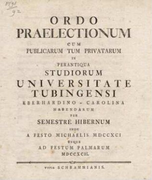 Vorlesungsverzeichnis 1791/92