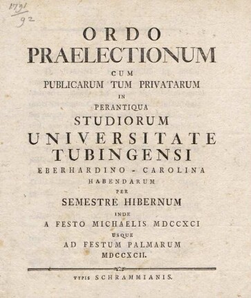 Vorlesungsverzeichnis 1791/92